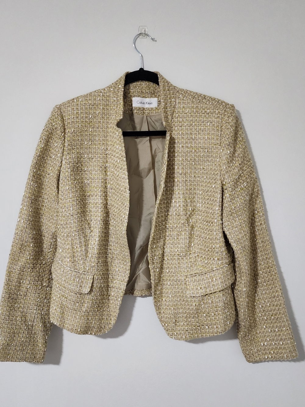 Calvin Klein Women's 14 Cream Yellow Tweed Open-Front Jacket